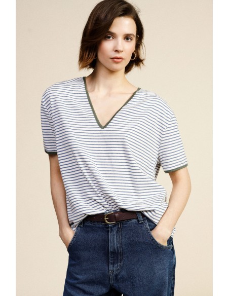 T-shirt às riscas com decote em V Dixie
