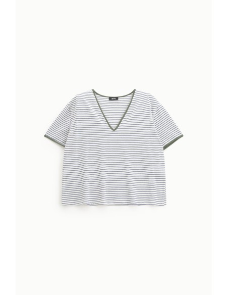 T-shirt às riscas com decote em V Dixie