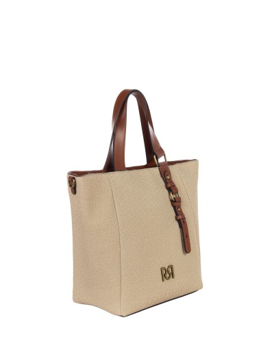 Maxi shopper em tela com acabamentos em pele sintética e alça ajustável removível Rinascimento