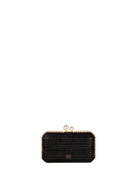 Clutch rígida entrelaçada com efeito palha, com acabamento em pérolas e alça de corrente removível Rinascimento