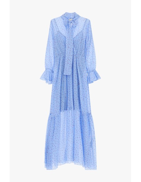 Vestido longo estampado de micro-poás com laço no colarinho Dixie