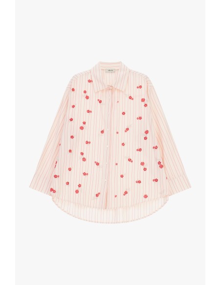 Camisa Oversize de Riscas com Bordado Floral Dixie