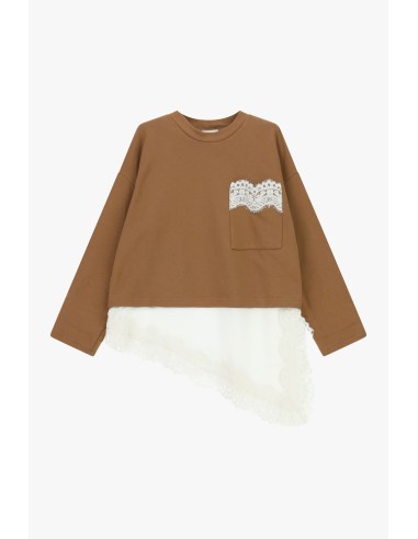 T-shirt de mangas compridas com bolso e borda em renda Dixie