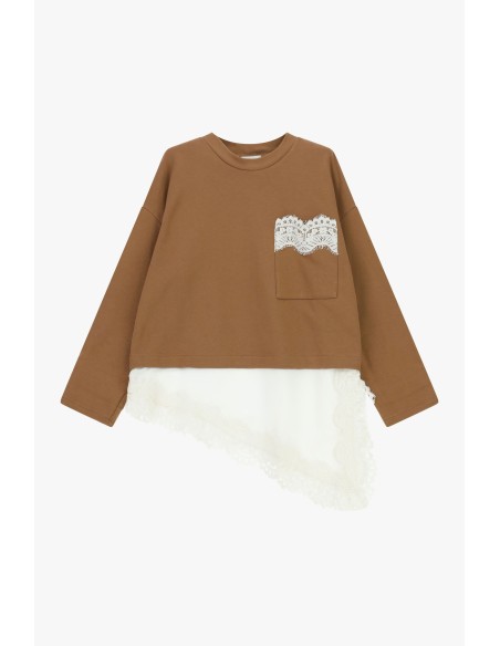 T-shirt de mangas compridas com bolso e borda em renda Dixie