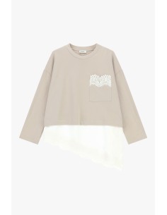 T-Shirt de mangas compridas com bolso e borda em renda Dixie