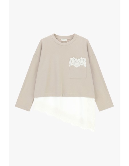T-Shirt de mangas compridas com bolso e borda em renda Dixie