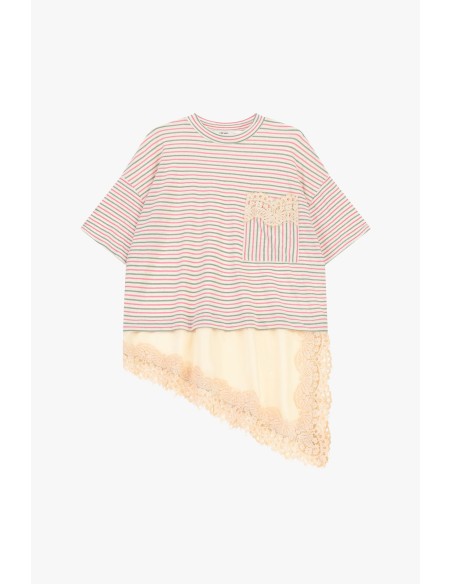 T-shirt às riscas com detalhes em renda e barra assimétrica Dixie