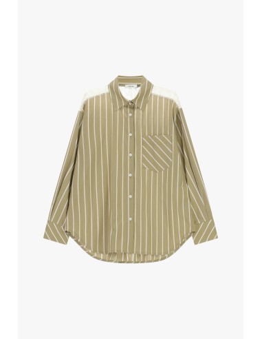 Camisa às riscas com bolsinho e ombros em renda Dixie