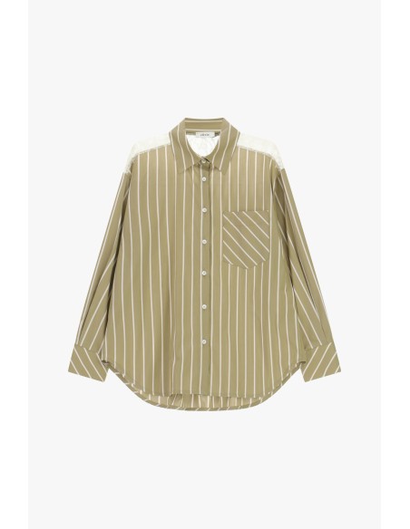 Camisa às riscas com bolsinho e ombros em renda Dixie