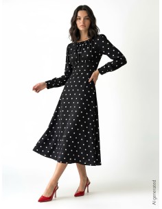 Vestido midi em cetim às bolinhas com decote rematado com pesponto Rinascimento 2