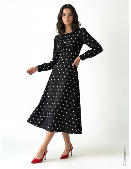 Vestido midi em cetim às bolinhas com decote pespontado Rinascimento