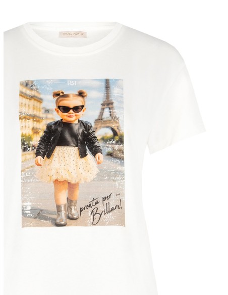 T-shirt regular em algodão com estampado de menina e strass Rinascimento
