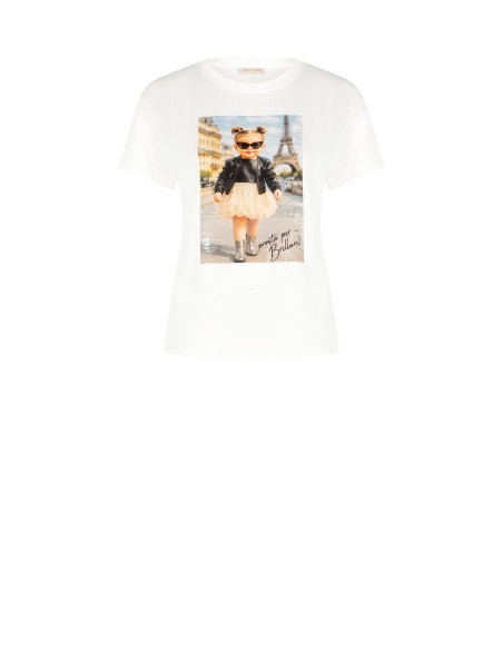 T-shirt regular em algodão com estampa de menina e strass Rinascimento