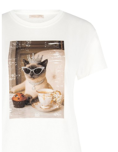 T-shirt regular em algodão com estampa de gato e strass Rinascimento