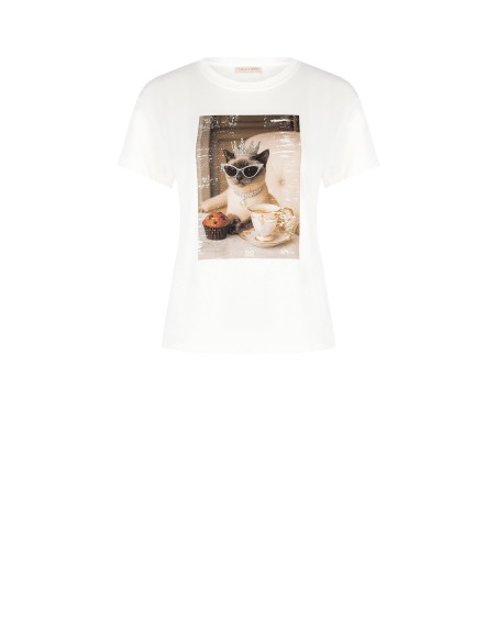 T-shirt regular em algodão com estampa de gato e strass Rinascimento