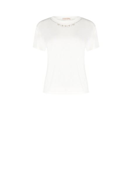 T-Shirt Regular em Algodão com Strass no Decote Redondo Rinascimento