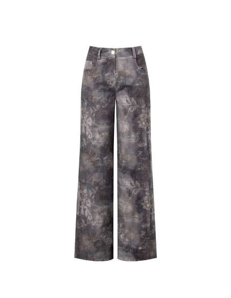 Jeans palazzo desbotados e com estampa floral Rinascimento