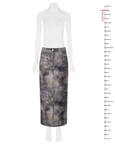 Saia longa tipo tubinho em ganga deslavada com estampado floral Rinascimento