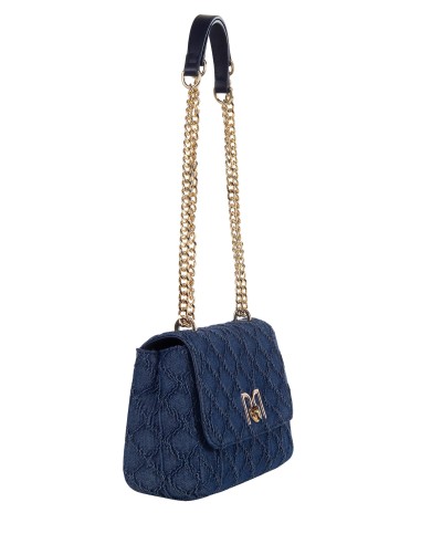 Mala de ombro em denim acolchoado com padrão de losangos e alça de corrente ajustável Rinascimento