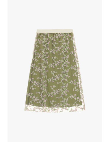 Saia Midi com Bordado Floral Transparente Dixie