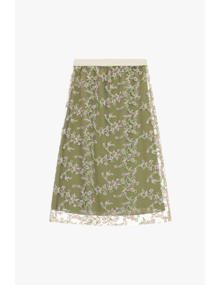 Saia Midi com Bordado Floral Transparente Dixie
