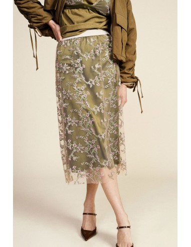 Saia Midi com Bordado Floral Transparente Dixie
