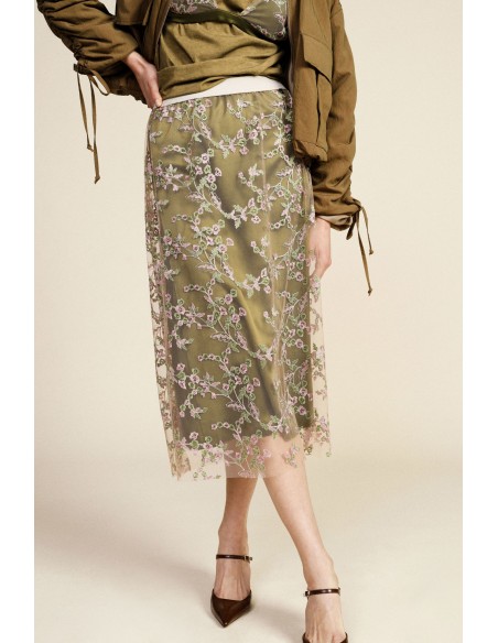Saia Midi com Bordado Floral Transparente Dixie
