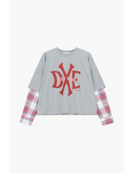 T-shirt de manga longa com estampado New York e detalhes xadrez Dixie