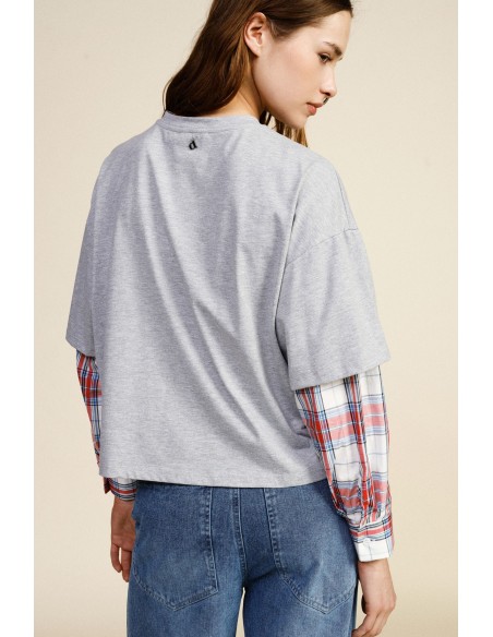 T-shirt de manga longa com estampa New York e detalhes em xadrez Dixie