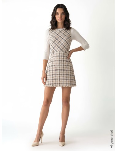 Vestido curto trapézio em tweed com botões com logótipo Rr e barra desfiada Rinascimento