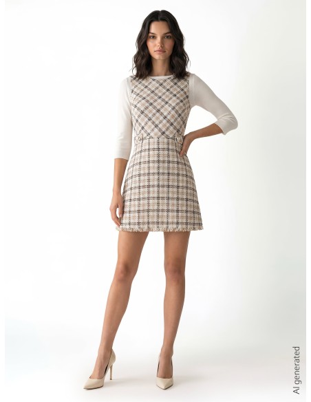 Vestido curto trapézio em tweed com botões com logótipo Rr e barra desfiada Rinascimento