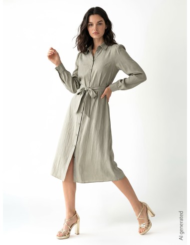 Vestido Chemisier Midi em Tecido Leve Misto de Viscose com Cinto Coordenado Rinascimento