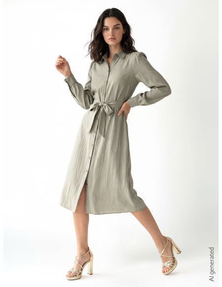 Vestido Chemisier Midi em Tecido Leve Misto de Viscose com Cinto Coordenado Rinascimento