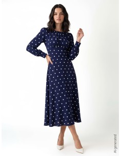 Vestido midi em cetim às bolinhas com decote rematado com pesponto Rinascimento
