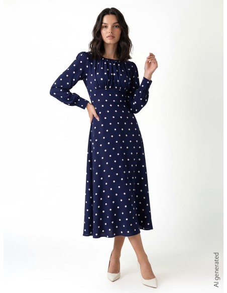 Vestido midi em cetim às bolinhas com decote rematado com pesponto Rinascimento