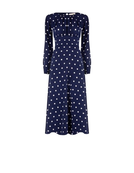 Vestido midi em cetim às bolinhas com decote pespontado Rinascimento
