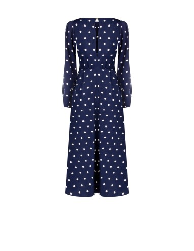 Vestido midi em cetim às bolinhas com decote pespontado Rinascimento