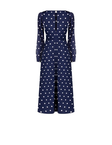 Vestido midi em cetim às bolinhas com decote pespontado Rinascimento