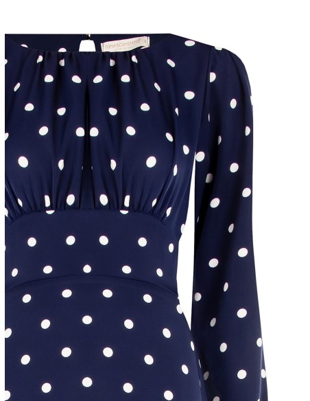 Vestido midi em cetim às bolinhas com decote pespontado Rinascimento