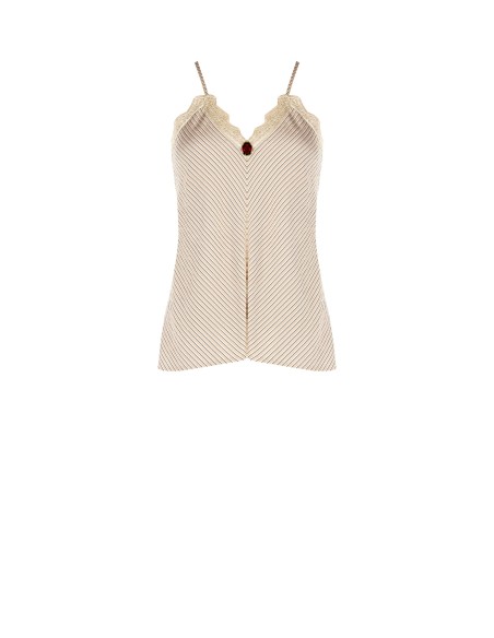 Top justo em mistura de viscose com efeito ligeiramente amassado, com rosa aplicada e renda Rinascimento