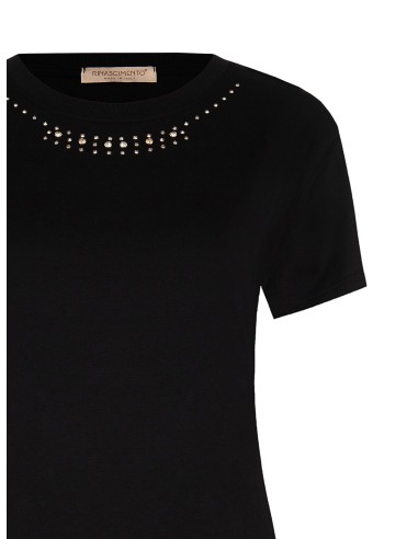 T-shirt regular em algodão com strass no decote redondo Rinascimento