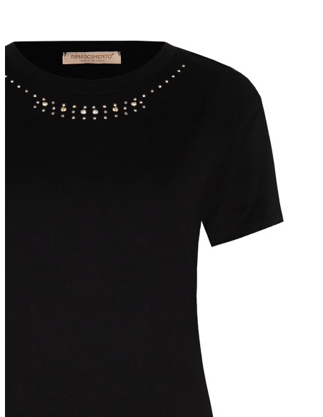 T-shirt regular em algodão com strass no decote redondo Rinascimento