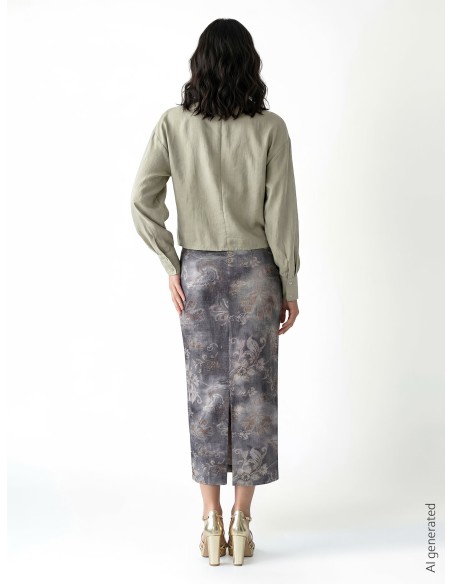 Camisa ampla com efeito balão à frente em tecido leve misto de viscose com decote em V Rinascimento