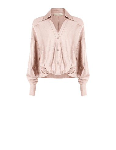 Camisa Ampla com Efeito Balão na Frente em Tecido Leve Misto Viscose com Decote em V Rinascimento