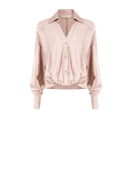 Camisa Ampla com Efeito Balão na Frente em Tecido Leve Misto Viscose com Decote em V Rinascimento