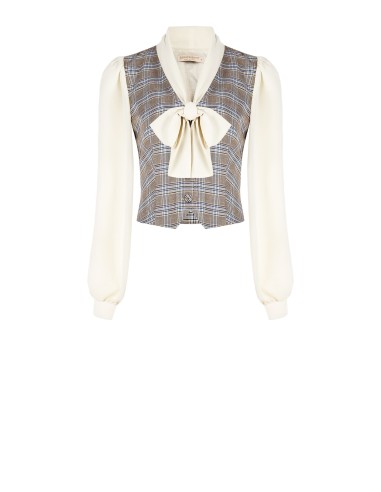 Blusa estilo colete em príncipe de Gales com mangas e gola em georgette Rinascimento