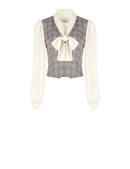 Blusa estilo colete em príncipe de Gales com mangas e gola em georgette Rinascimento
