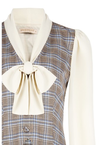 Blusa tipo gilet em príncipe de Gales com mangas e gola em georgette Rinascimento