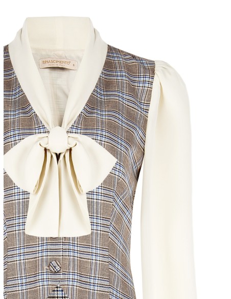 Blusa tipo gilet em príncipe de Gales com mangas e gola em georgette Rinascimento