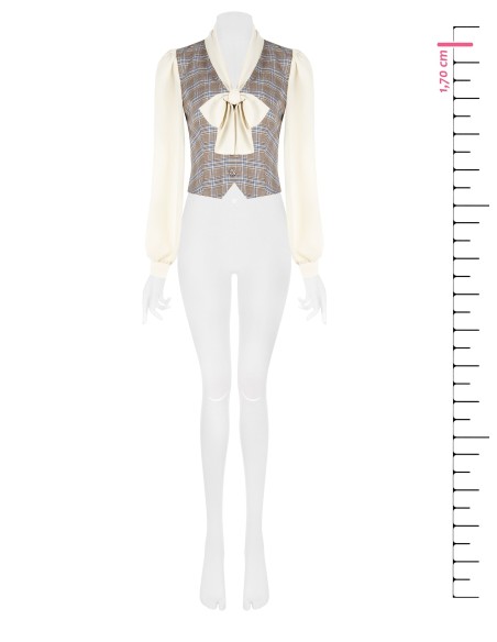 Blusa A Gilet In Principe Di Galles Con Maniche E Collo In Georgett...